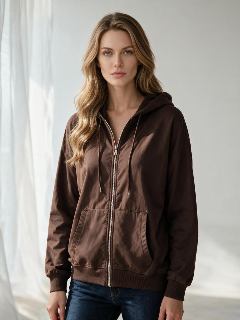 Kadın 3 İplik Şardonlu Oversize Fermuarlı Kapşonlu Sweatshirt