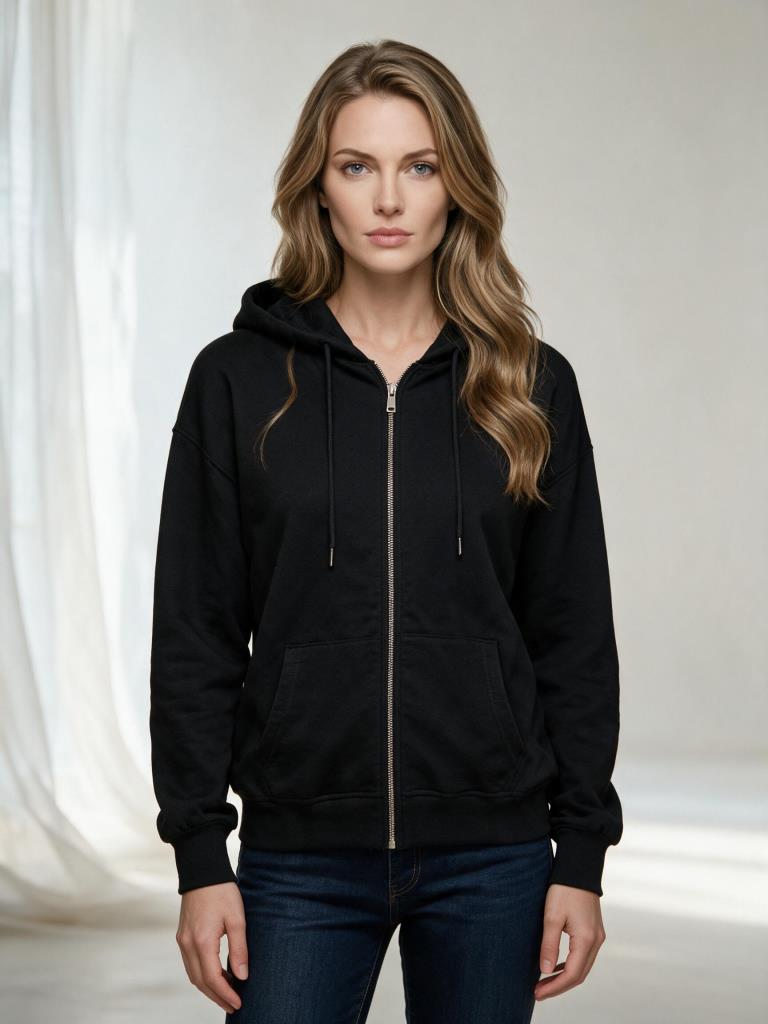 Kadın 3 İplik Şardonlu Oversize Fermuarlı Kapşonlu Sweatshirt