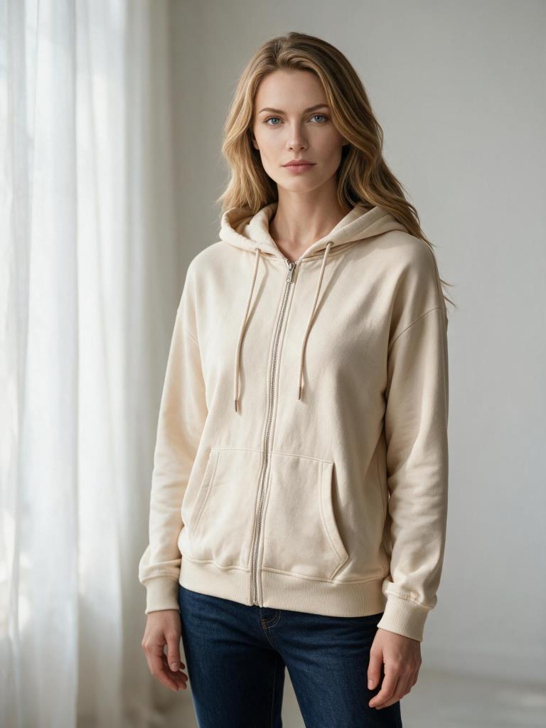 Kadın 3 İplik Şardonlu Oversize Fermuarlı Kapşonlu Sweatshirt