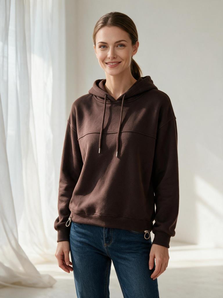 Kadın 3 İplik Şardonlu Kapşonlu Eteği Stoperli Sweatshirt