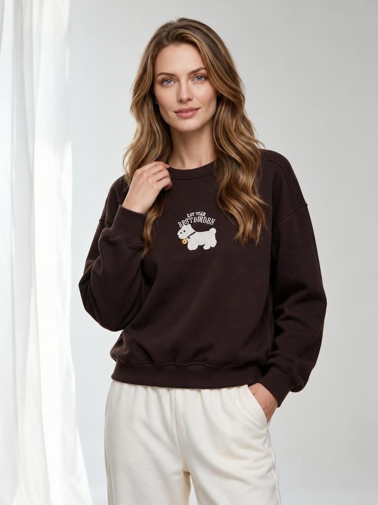Kadın 3 İplik Şardonlu Kuzu Nakışlı Bisiklet Yaka Sweatshirt
