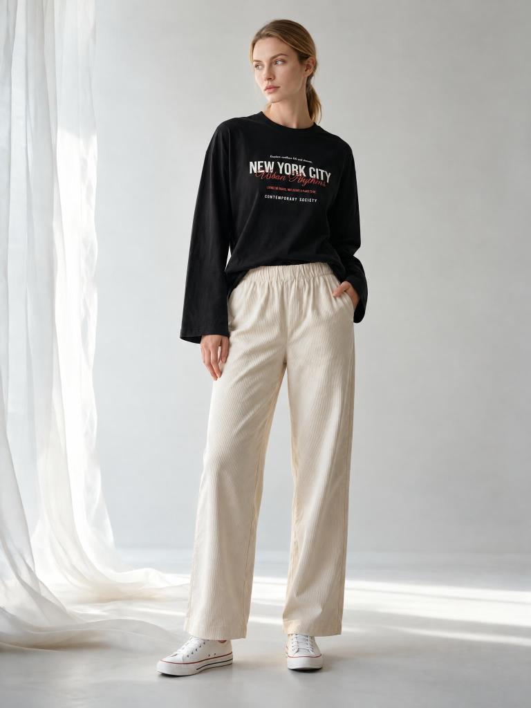 Kadın İnce Pamuklu New York City Baskılı Uzun Kollu Sweatshirt