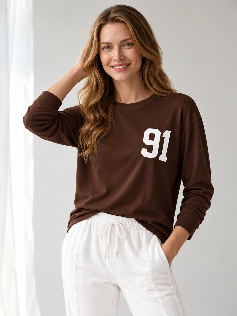 Kadın "91" Baskılı Uzun Kollu İnce Sweatshirt / Body