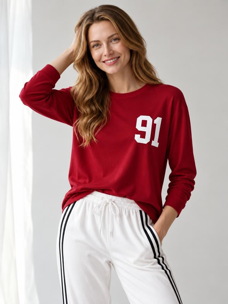 Kadın "91" Baskılı Uzun Kollu İnce Sweatshirt / Body