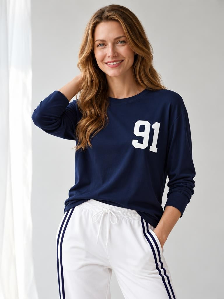 Kadın "91" Baskılı Uzun Kollu İnce Sweatshirt / Body