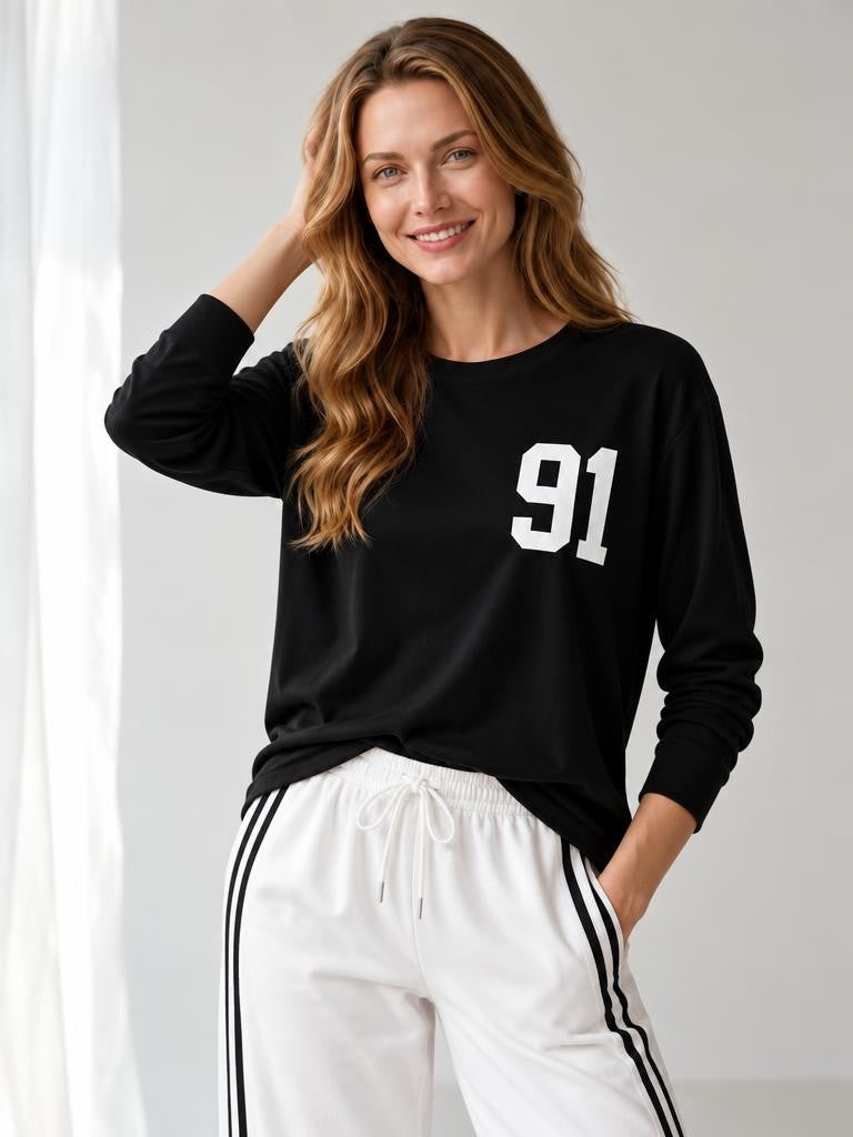 Kadın "91" Baskılı Uzun Kollu İnce Sweatshirt / Body
