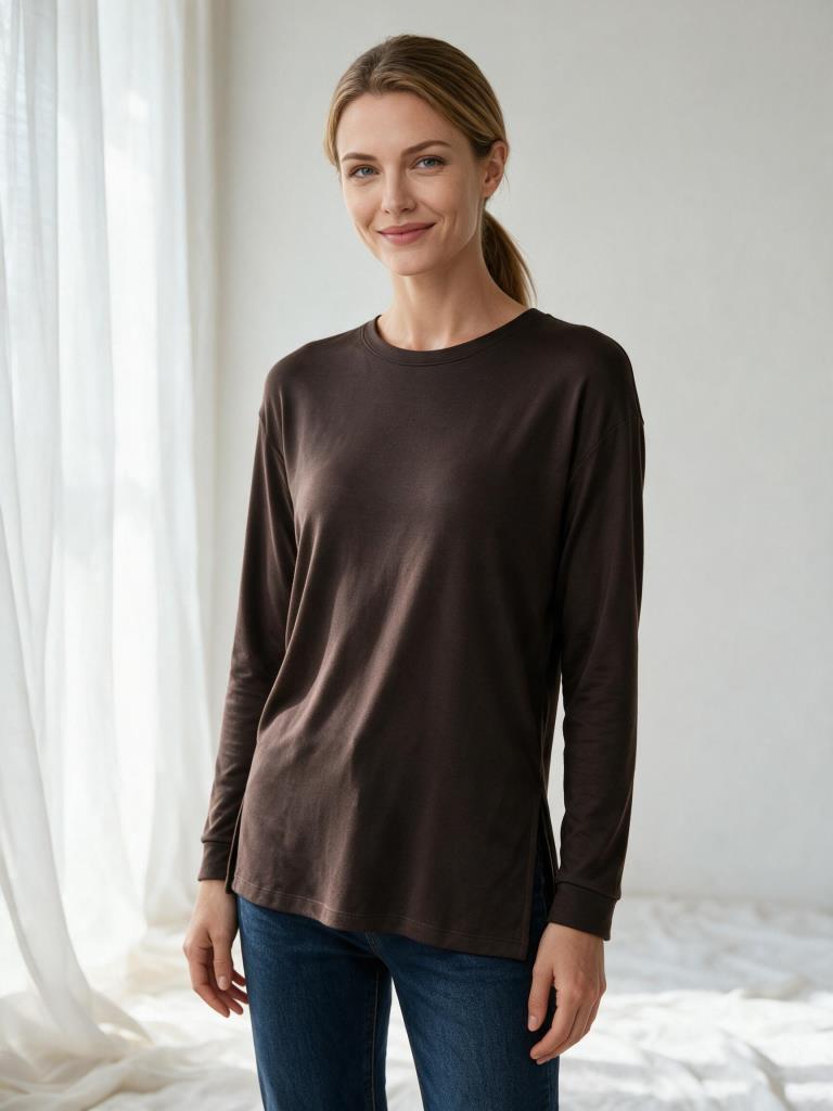Kadın Yanları Yırtmaçlı Modal Uzun Kollu İnce Sweatshirt
