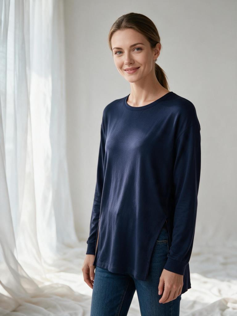 Kadın Yanları Yırtmaçlı Modal Uzun Kollu İnce Sweatshirt