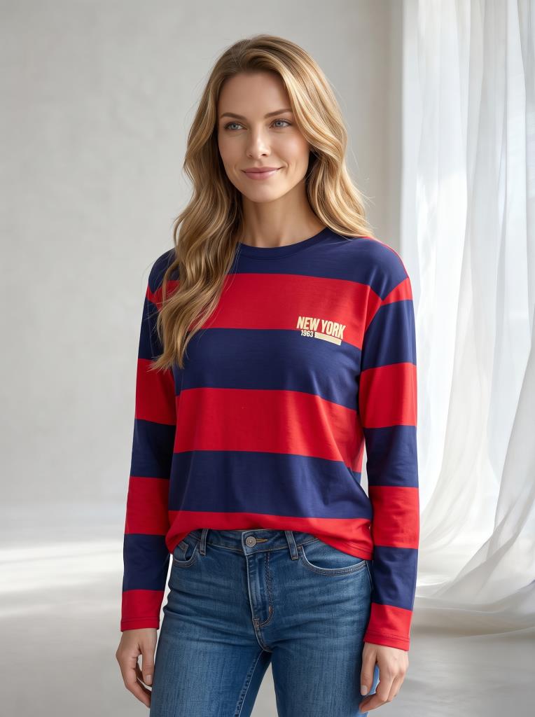 Kadın Çizgili New York City Baskılı İnce Sweatshirt