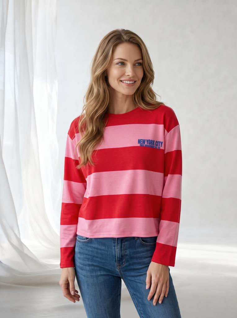 Kadın Çizgili New York City Baskılı İnce Sweatshirt