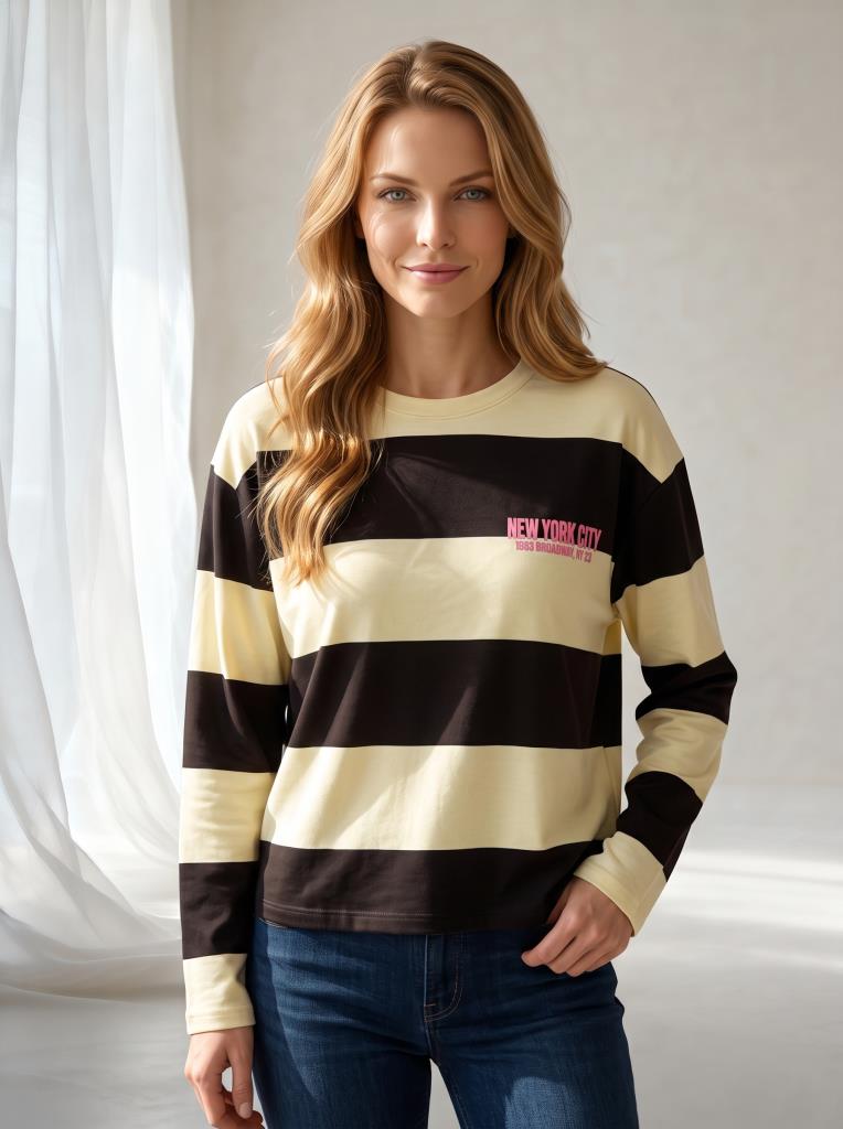 Kadın Çizgili New York City Baskılı İnce Sweatshirt