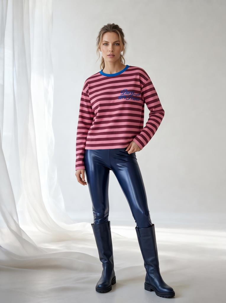Kadın Çizgili Bisiklet Yaka Paris Baskılı İnce Sweatshirt