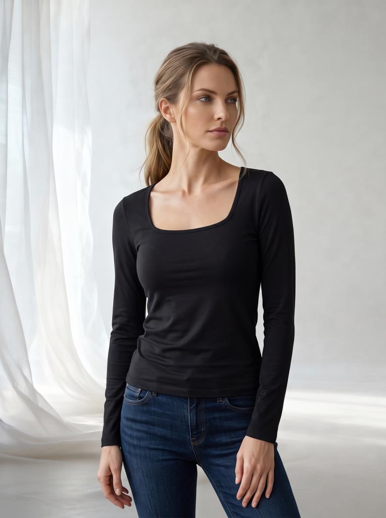 Kadın Geniş U Yaka Uzun Kollu Likralı Esnek Fit Basic Body / Bluz