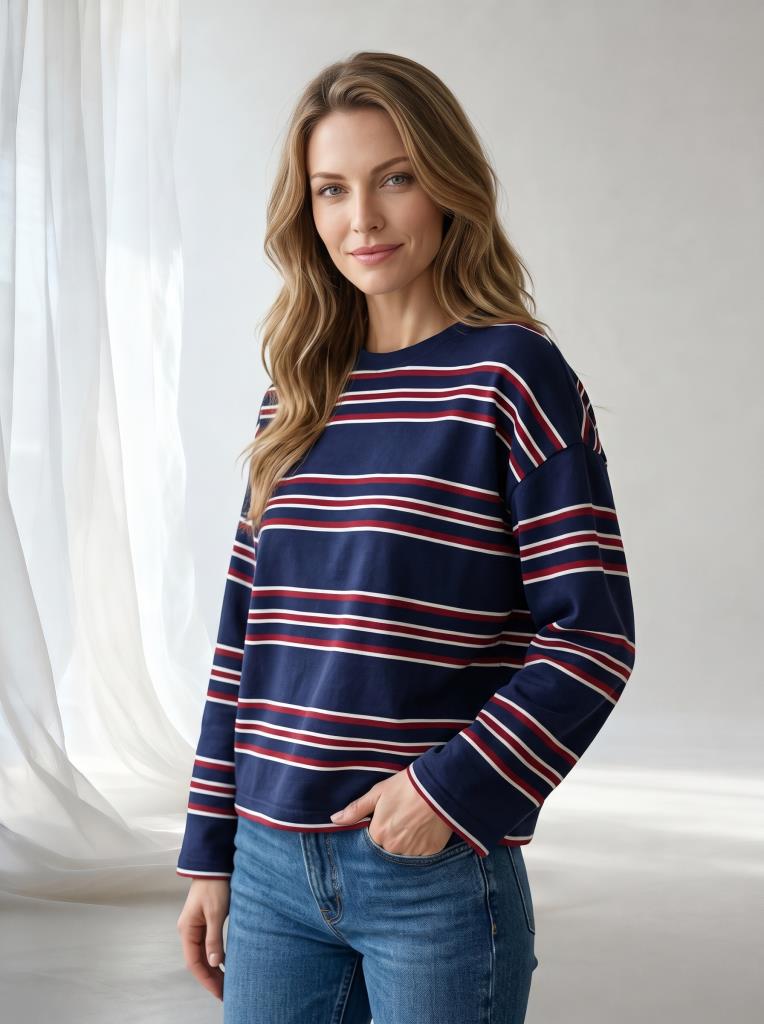 Kadın Bisiklet Yaka Çok Renkli Çizgili Düşük Omuz Rahat Kalıp Sweatshirt