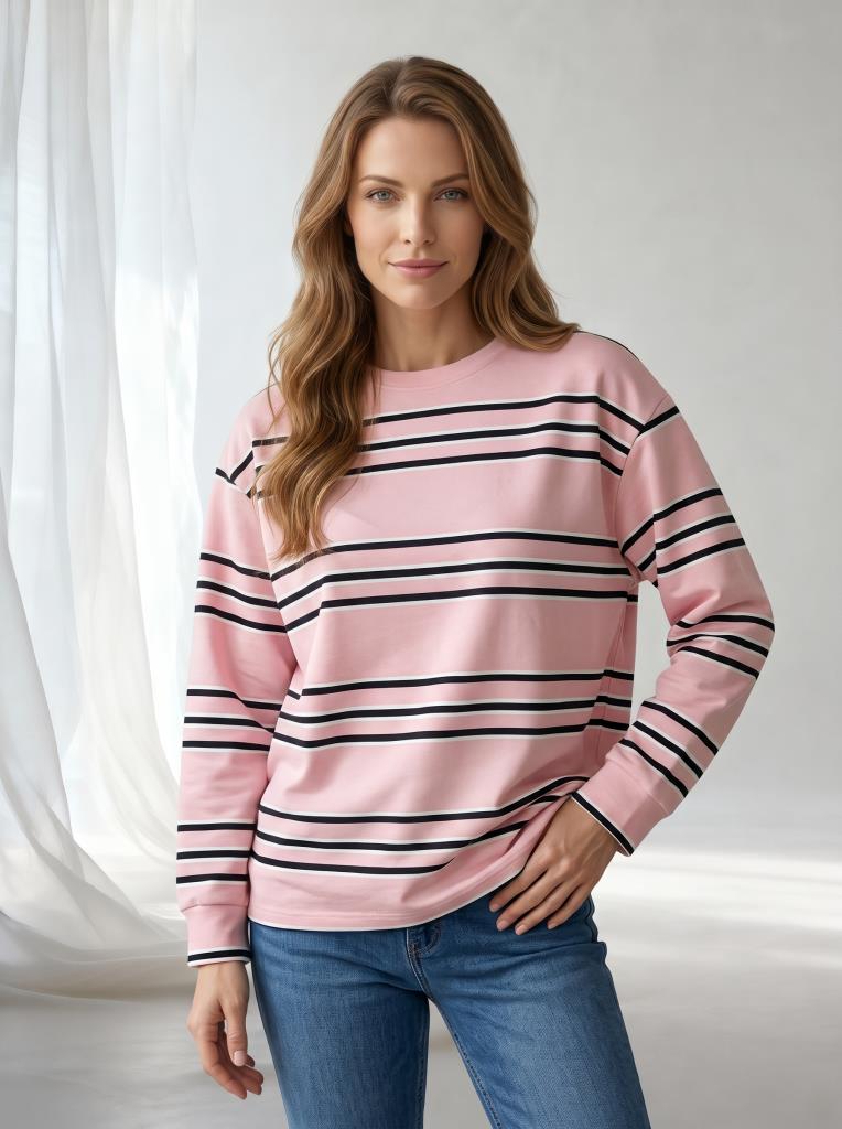 Kadın Bisiklet Yaka Çok Renkli Çizgili Düşük Omuz Rahat Kalıp Sweatshirt