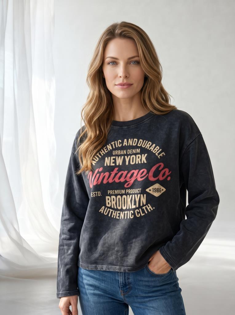 Kadın Bisiklet Yaka Vintage Yıkamalı New York Brooklyn Baskılı Rahat Kalıp Sweatshirt