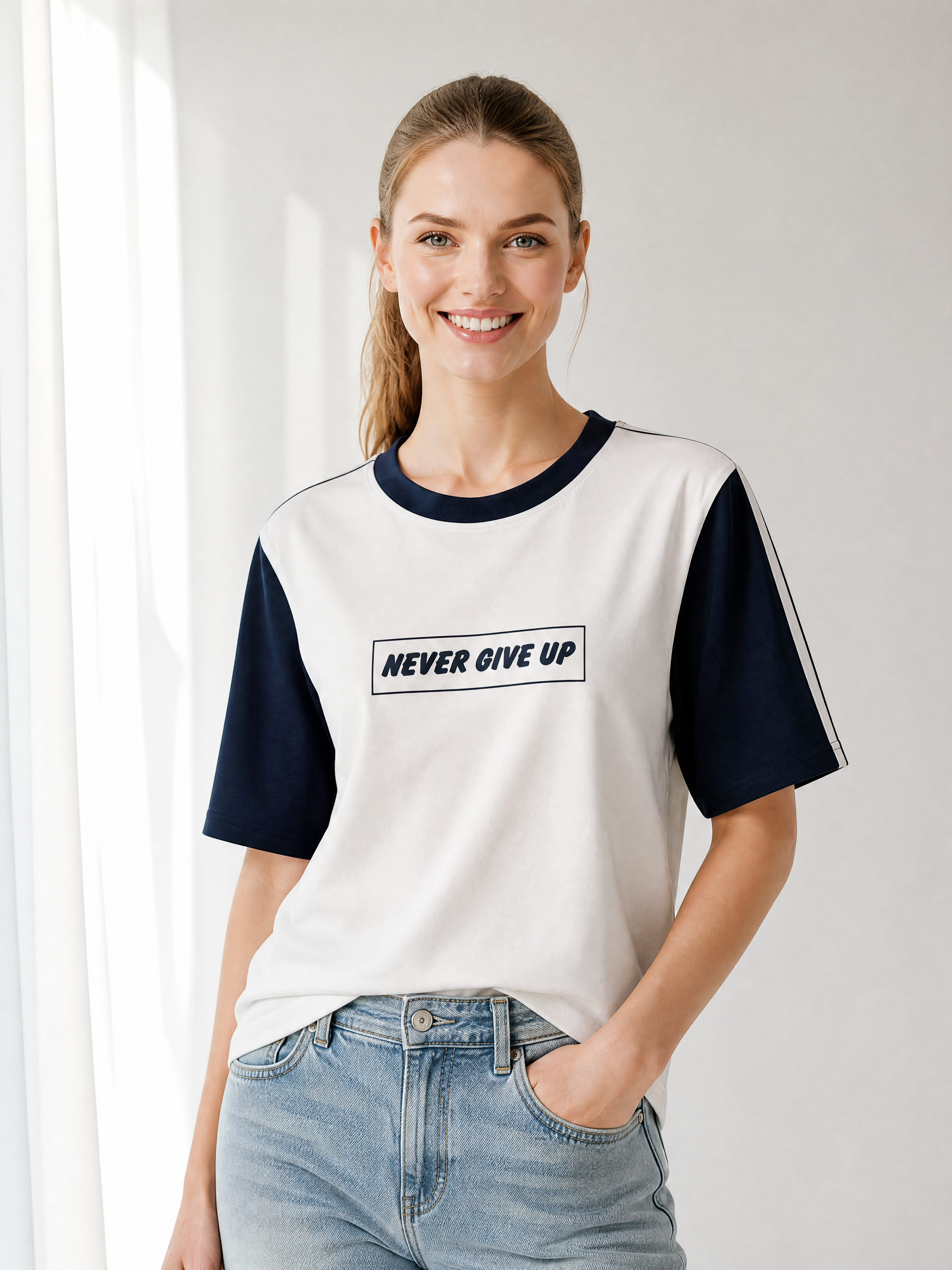 "Never Give Up" Baskılı Penye Tişört - Kontrast Kollu Spor Bluz