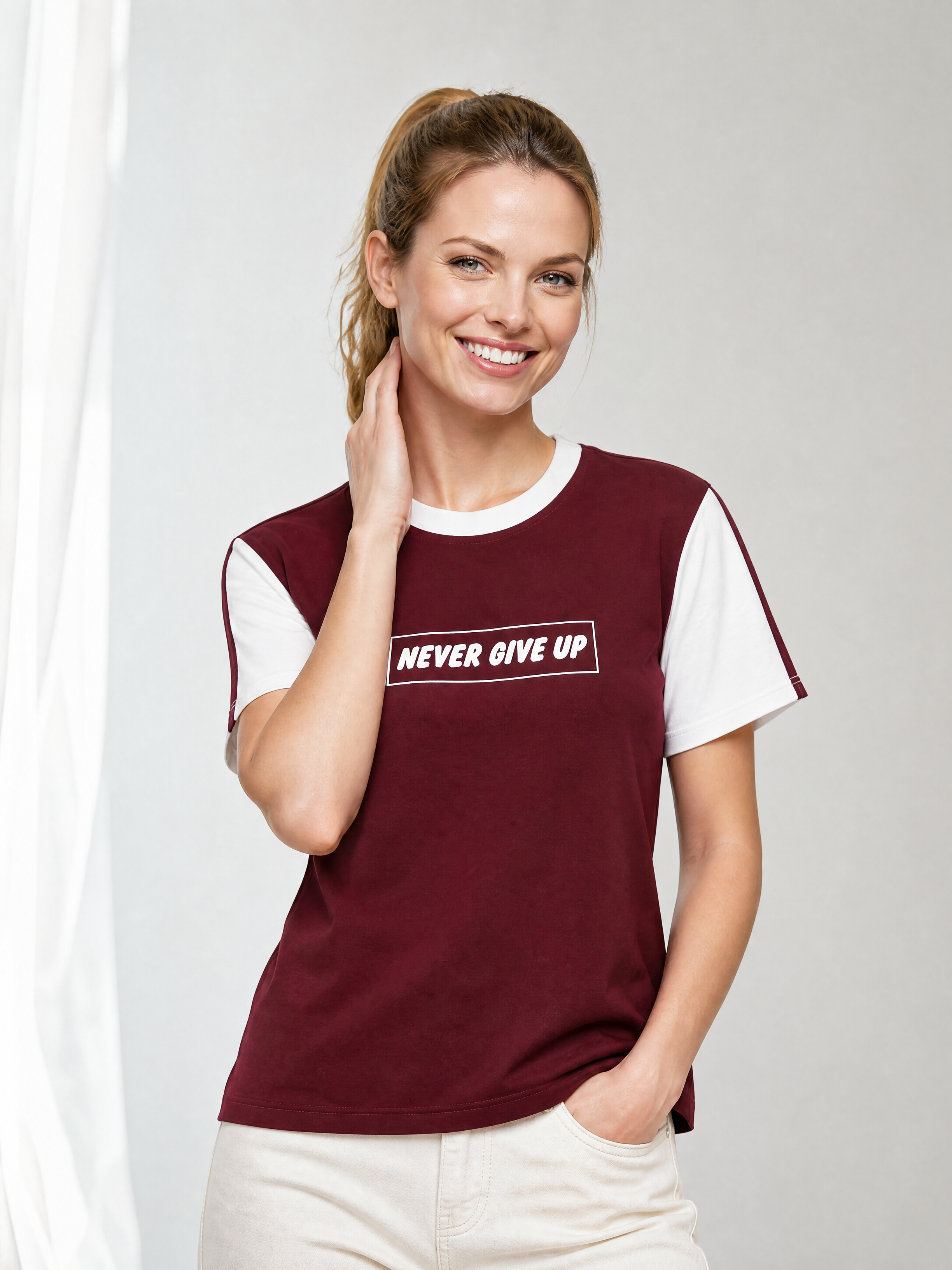 "Never Give Up" Baskılı Penye Tişört - Kontrast Kollu Spor Bluz