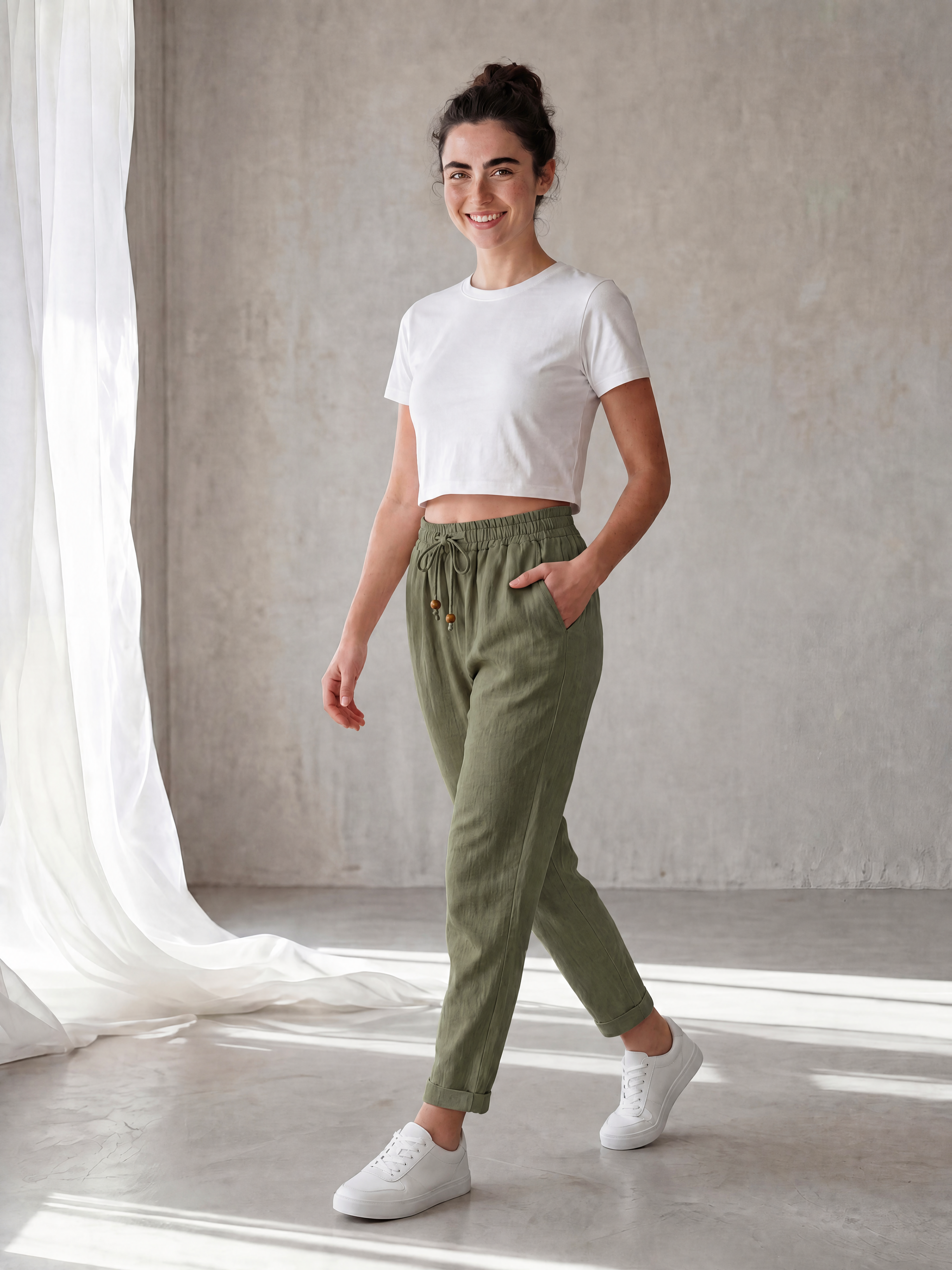Kadın Beli Bağcıklı Keten Pantolon - Duble Paça Havuç Kesim Pantolon