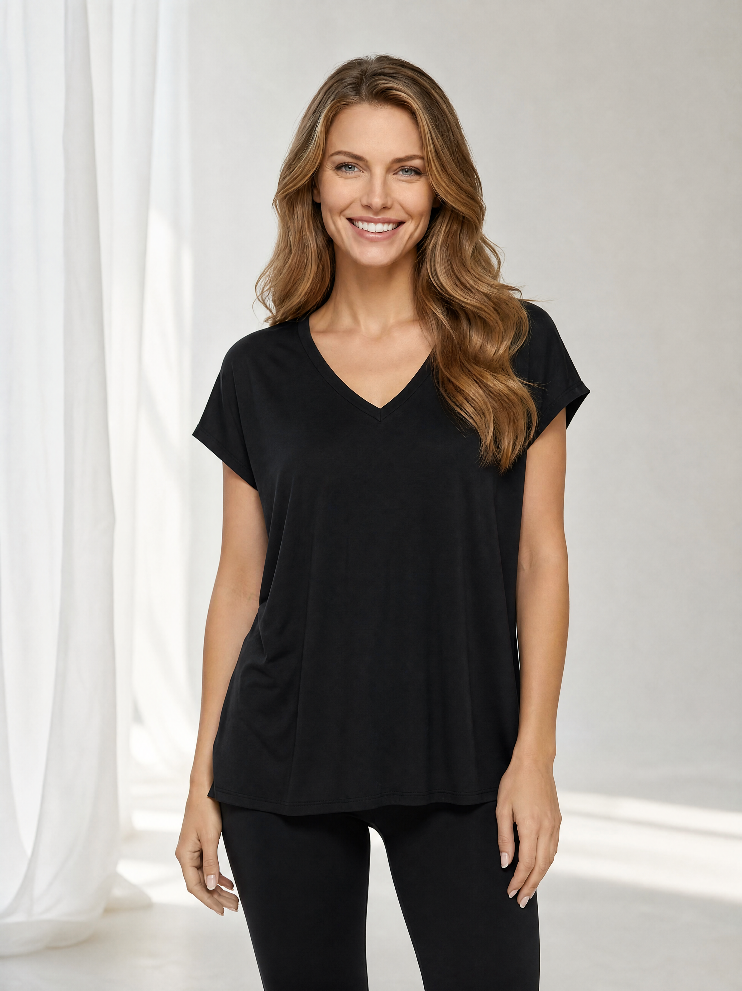 Kadın V Yaka Düşük Omuz Salaş / Oversize Penye Tunik T-Shirt
