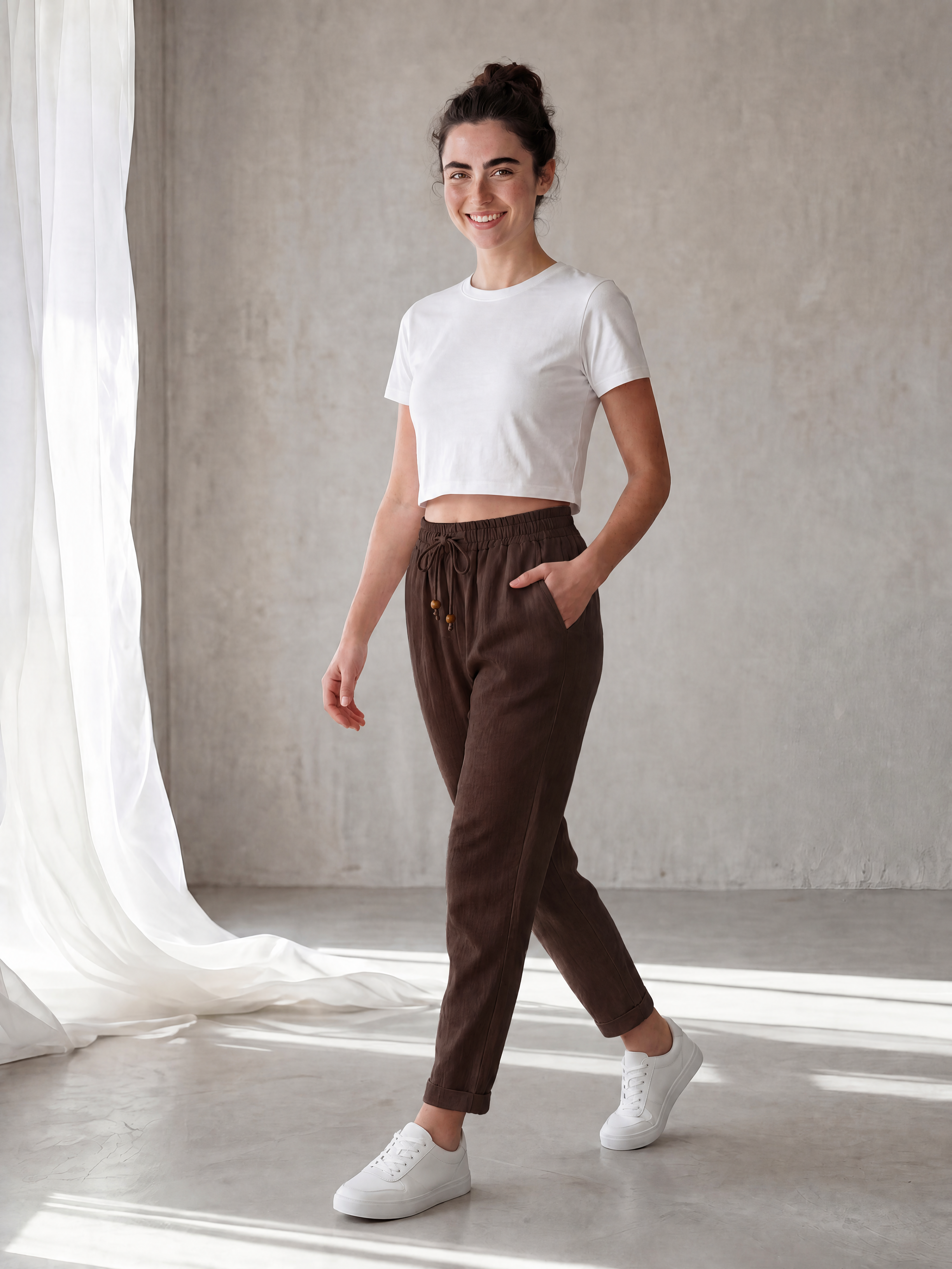 Kadın Beli Bağcıklı Keten Pantolon - Duble Paça Havuç Kesim Pantolon