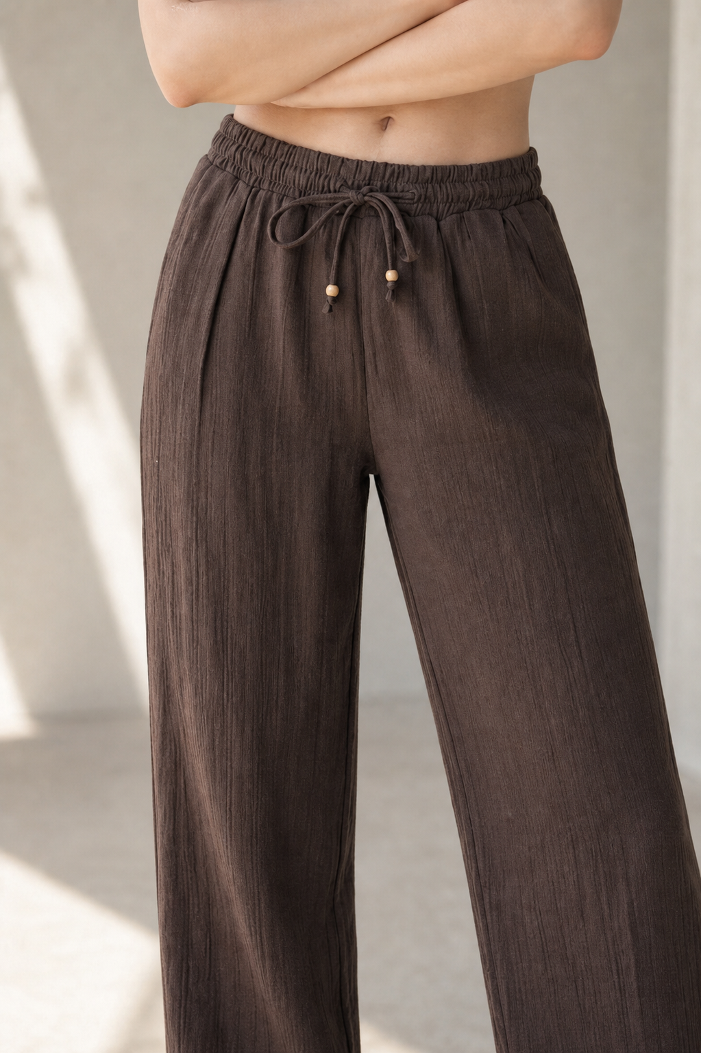 Beli Bağcıklı Müslin Pantolon - Rahat Kesim Bürümcük Pantolon