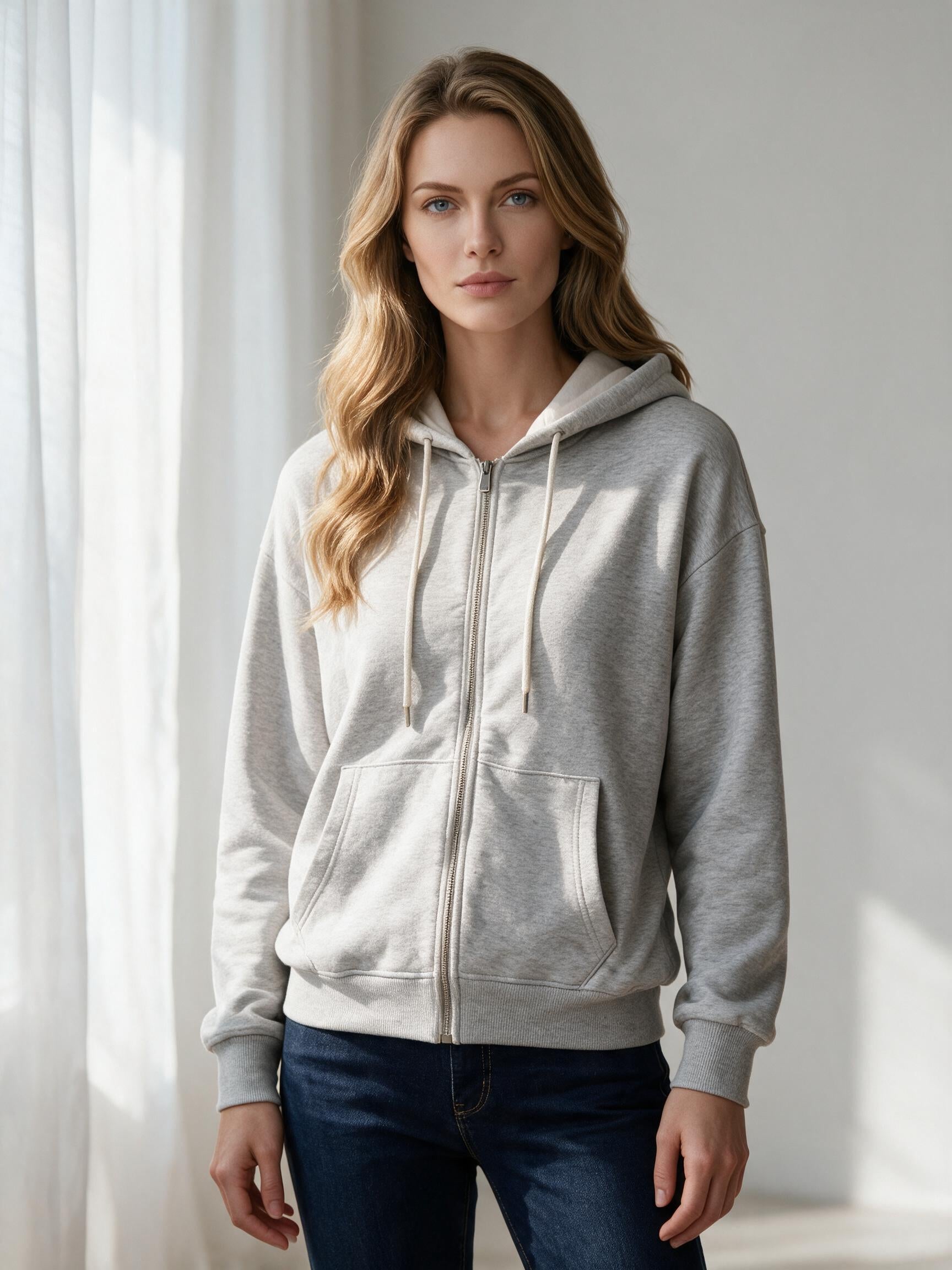 Kadın 3 İplik Şardonlu Oversize Fermuarlı Kapşonlu Sweatshirt