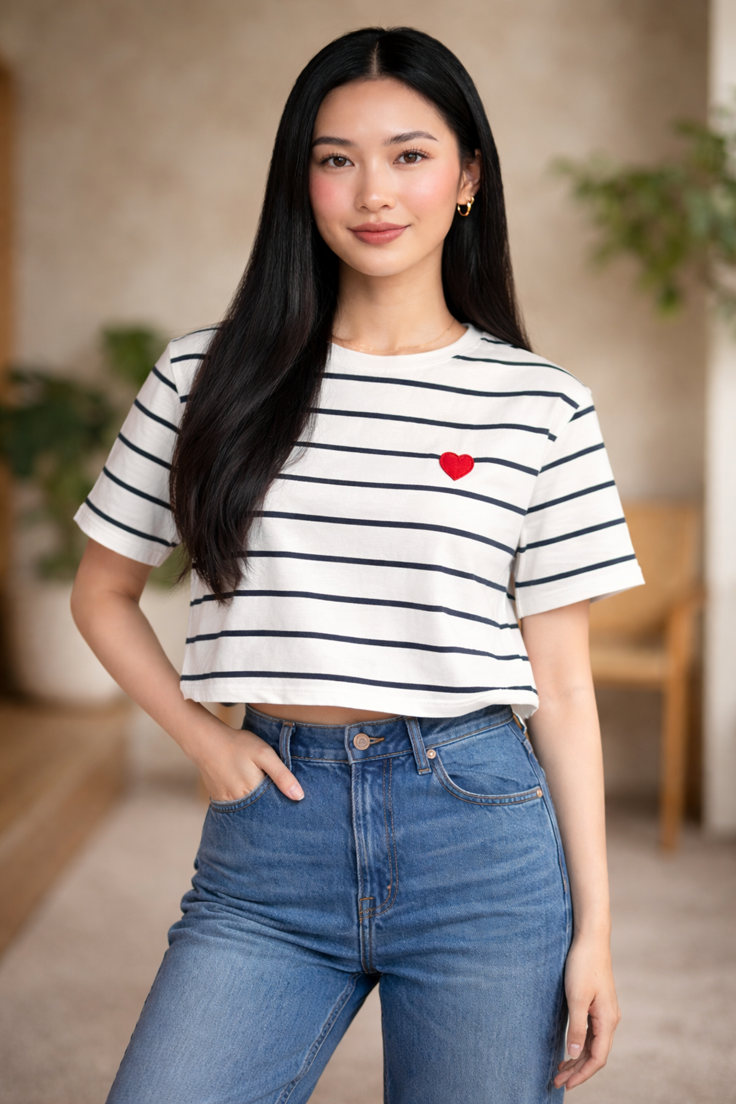 Kadın Çizgili Kalp Nakışlı Crop T-Shirt - Bisiklet Yaka Kısa Tişört