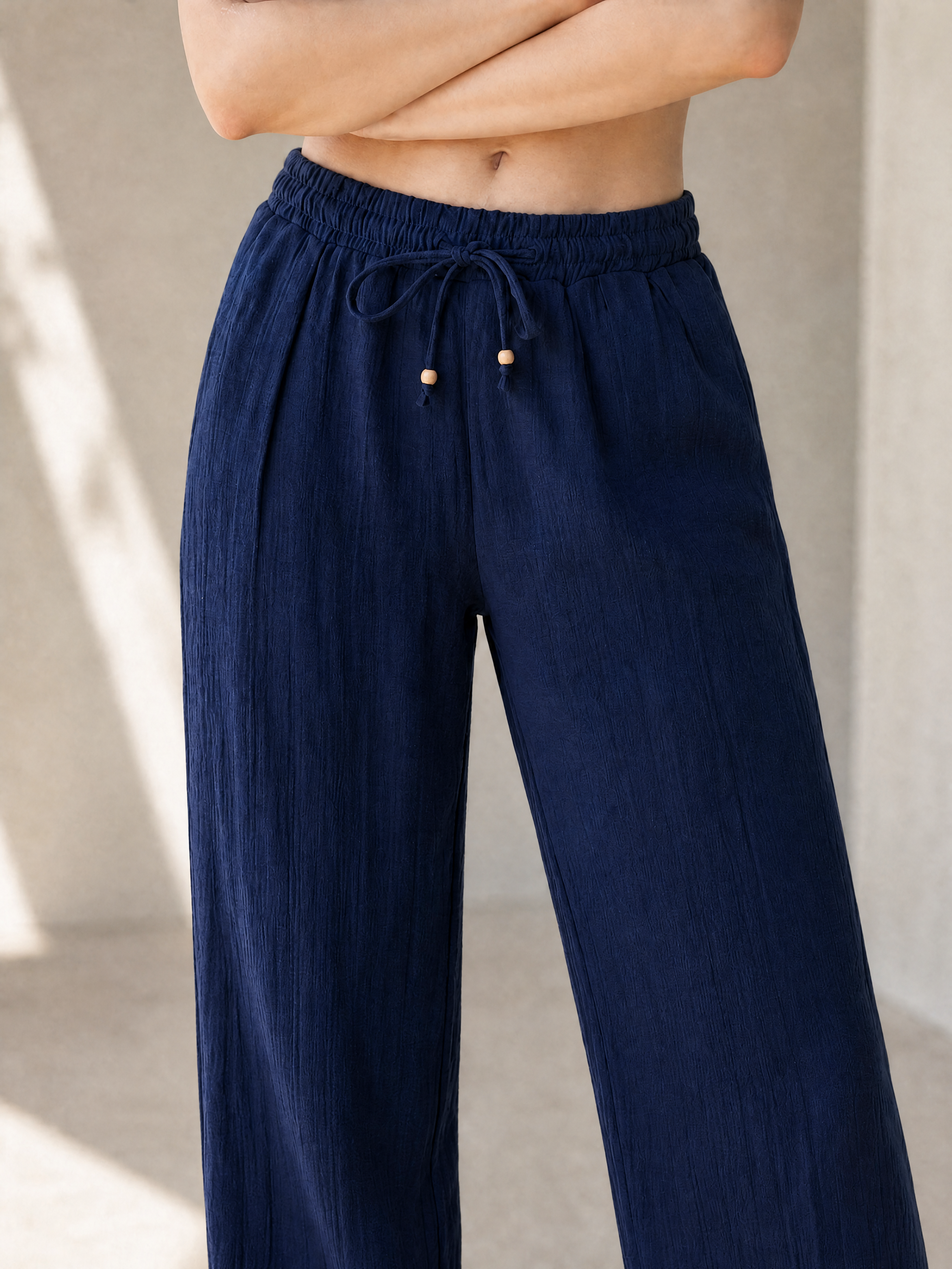 Beli Bağcıklı Müslin Pantolon - Rahat Kesim Bürümcük Pantolon