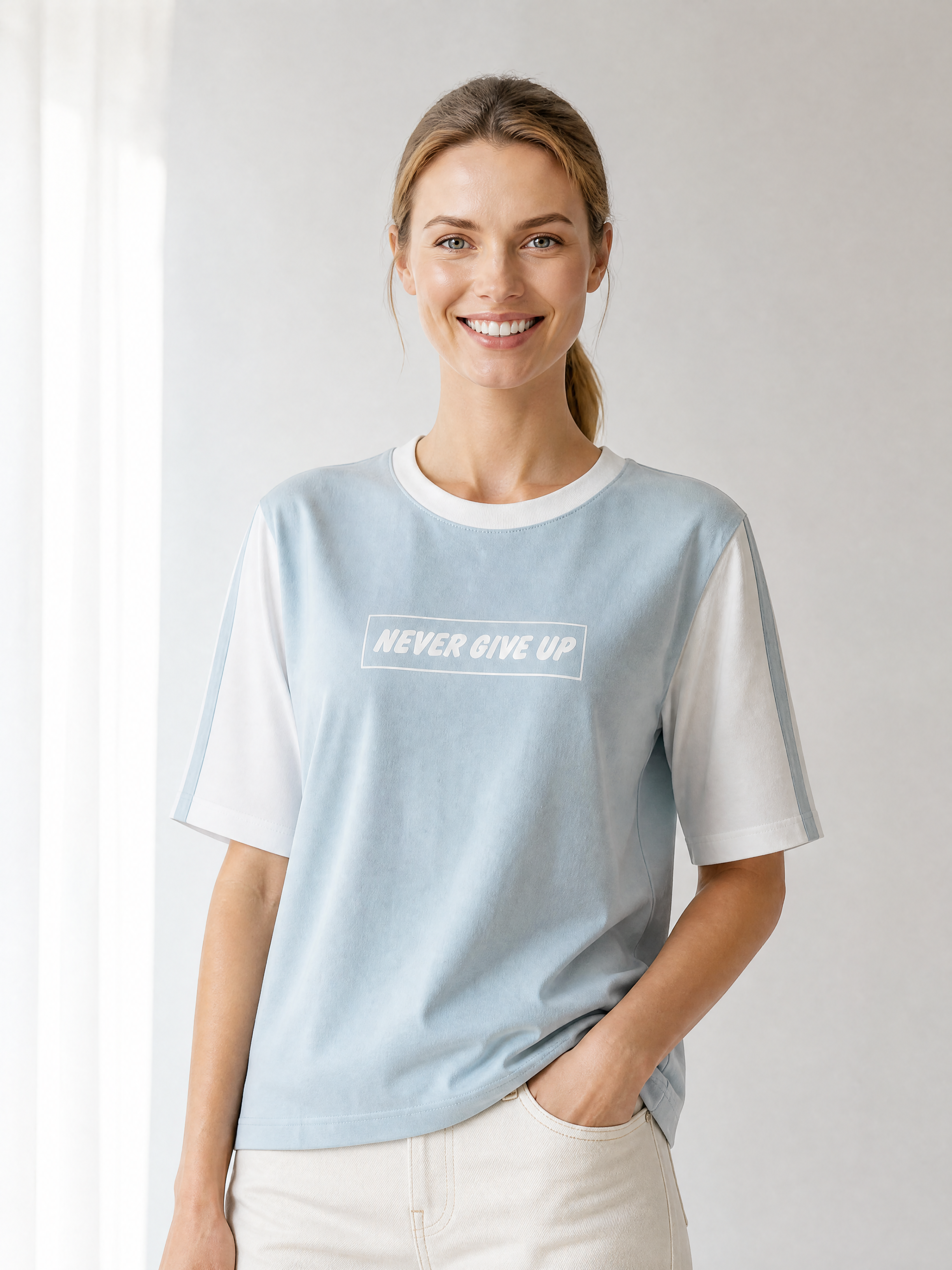 "Never Give Up" Baskılı Penye Tişört - Kontrast Kollu Spor Bluz