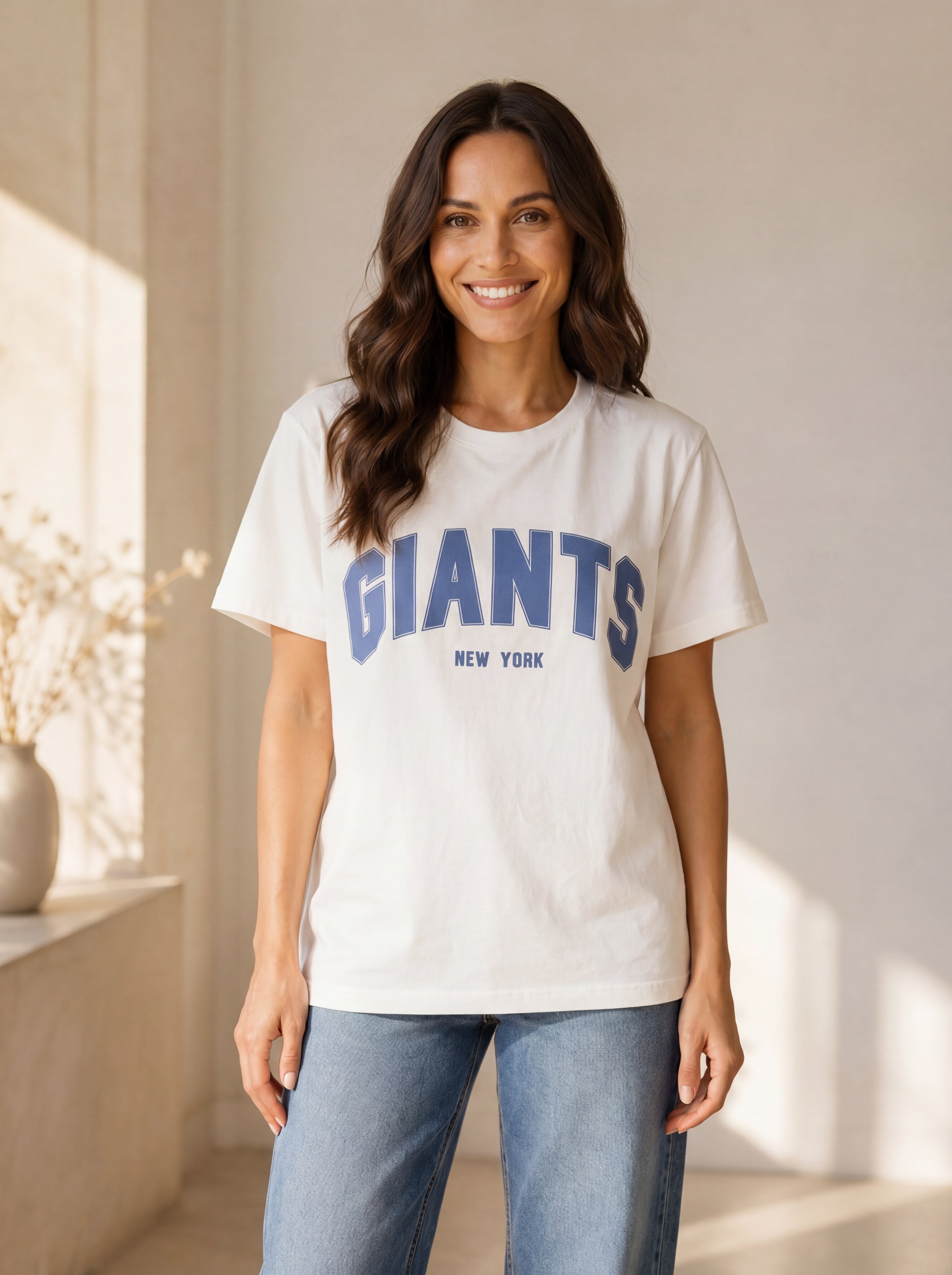 Kadın Beyaz Giants New York Baskılı Oversize T-Shirt - Kolej Tişörtü