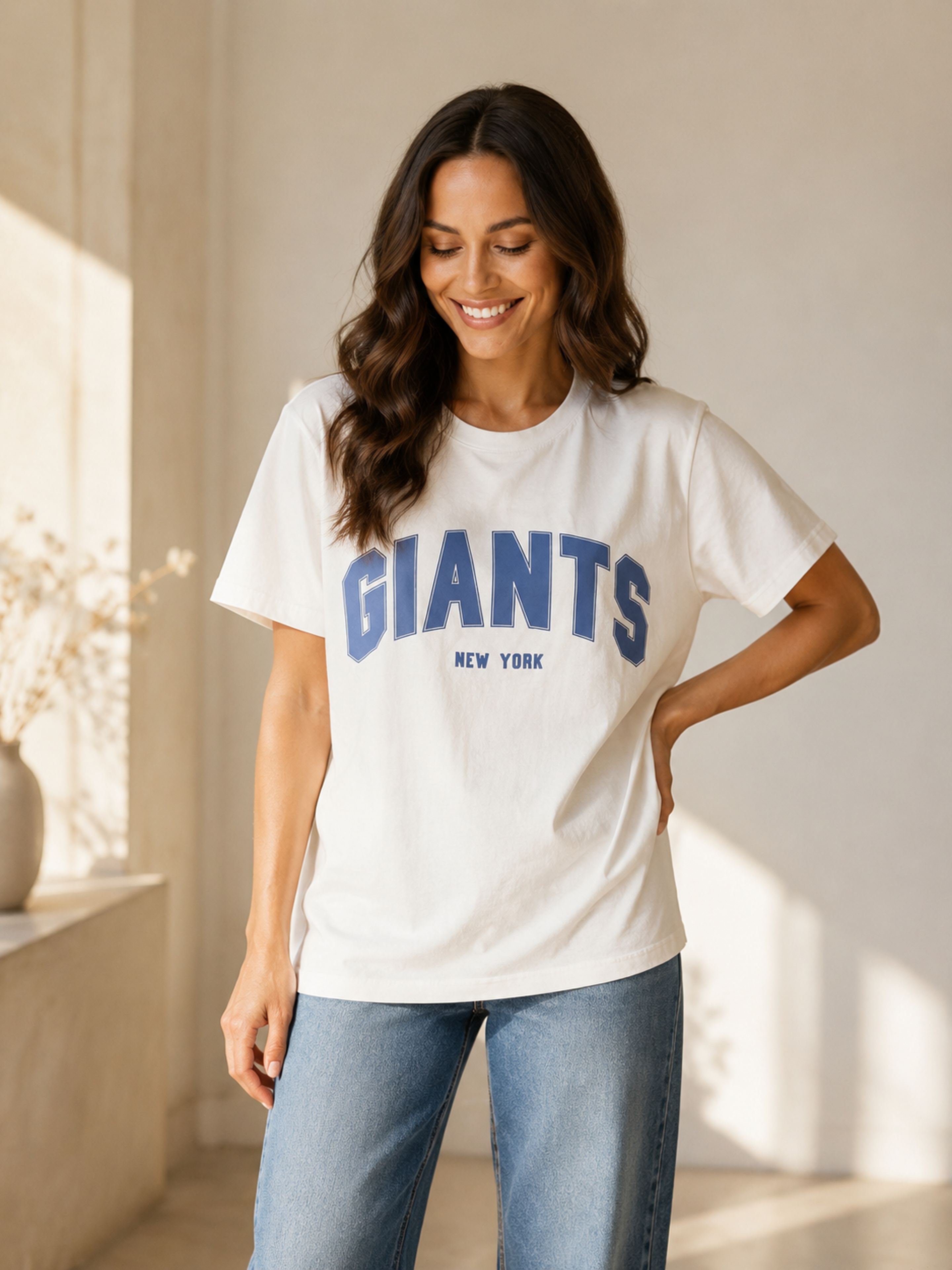 Kadın Beyaz Giants New York Baskılı Oversize T-Shirt - Kolej Tişörtü