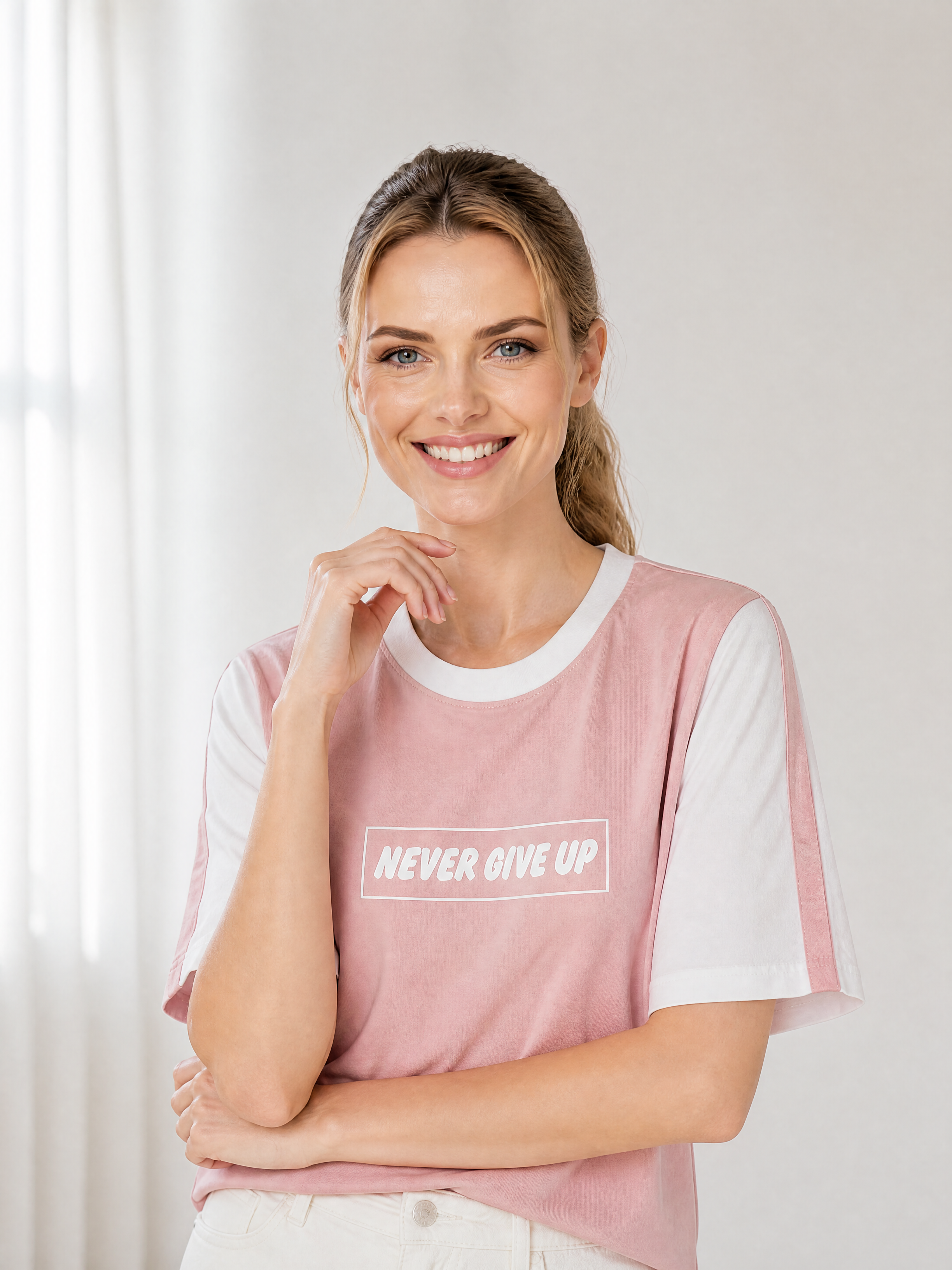 "Never Give Up" Baskılı Penye Tişört - Kontrast Kollu Spor Bluz