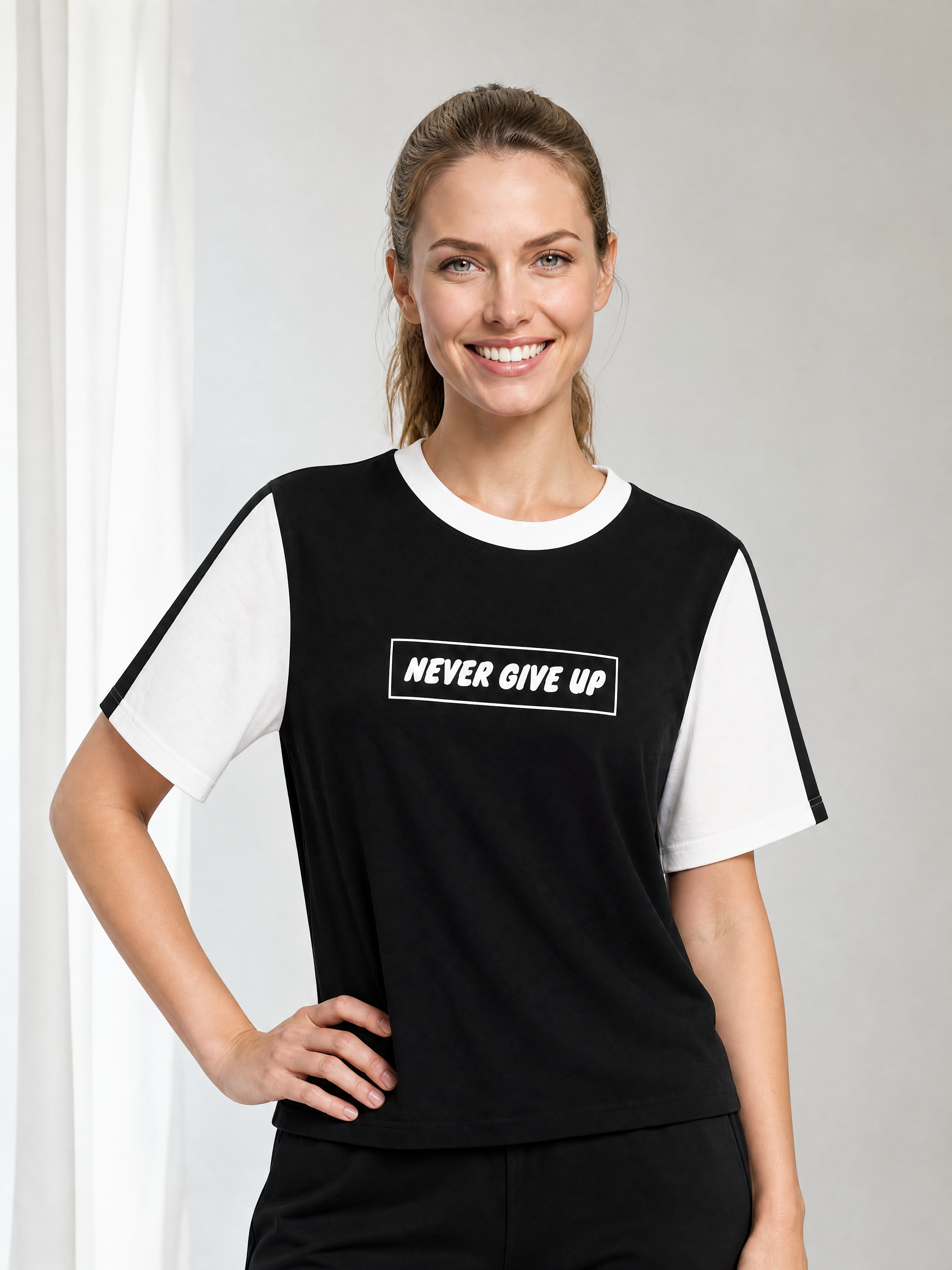 "Never Give Up" Baskılı Penye Tişört - Kontrast Kollu Spor Bluz