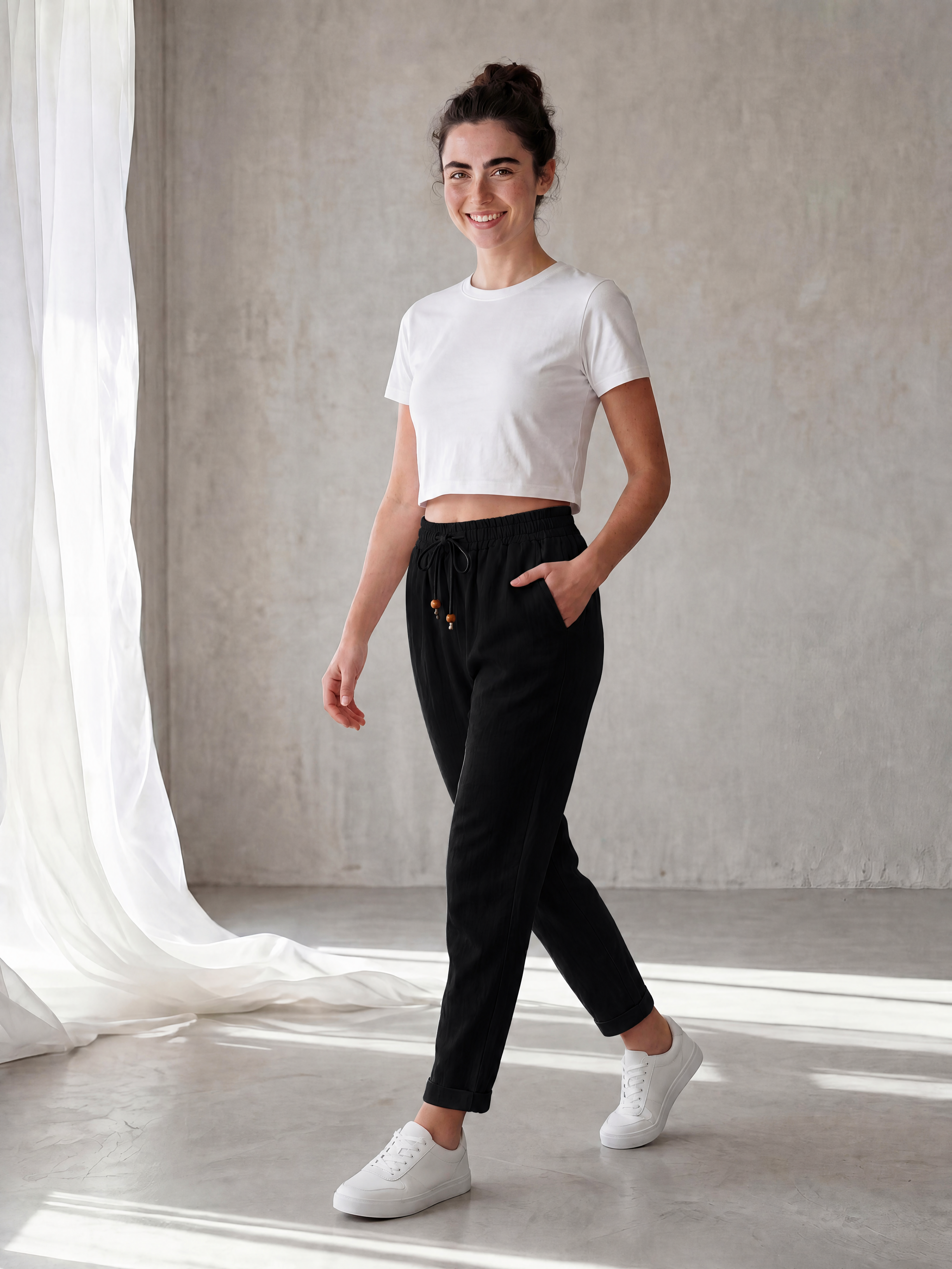 Kadın Beli Bağcıklı Keten Pantolon - Duble Paça Havuç Kesim Pantolon