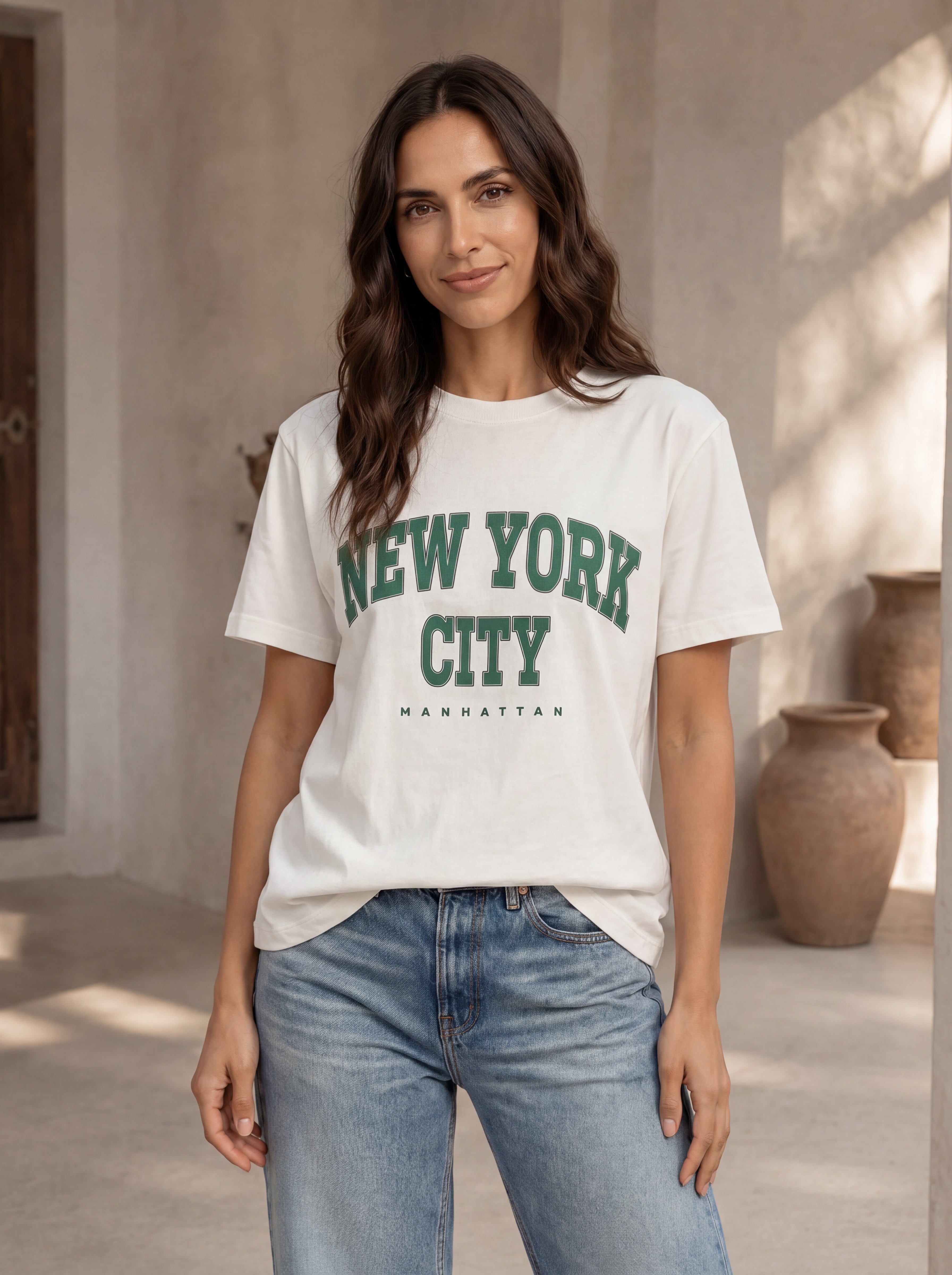 Kadın Ekru New York City Baskılı Oversize T-Shirt - Kolej Tarzı Tişört