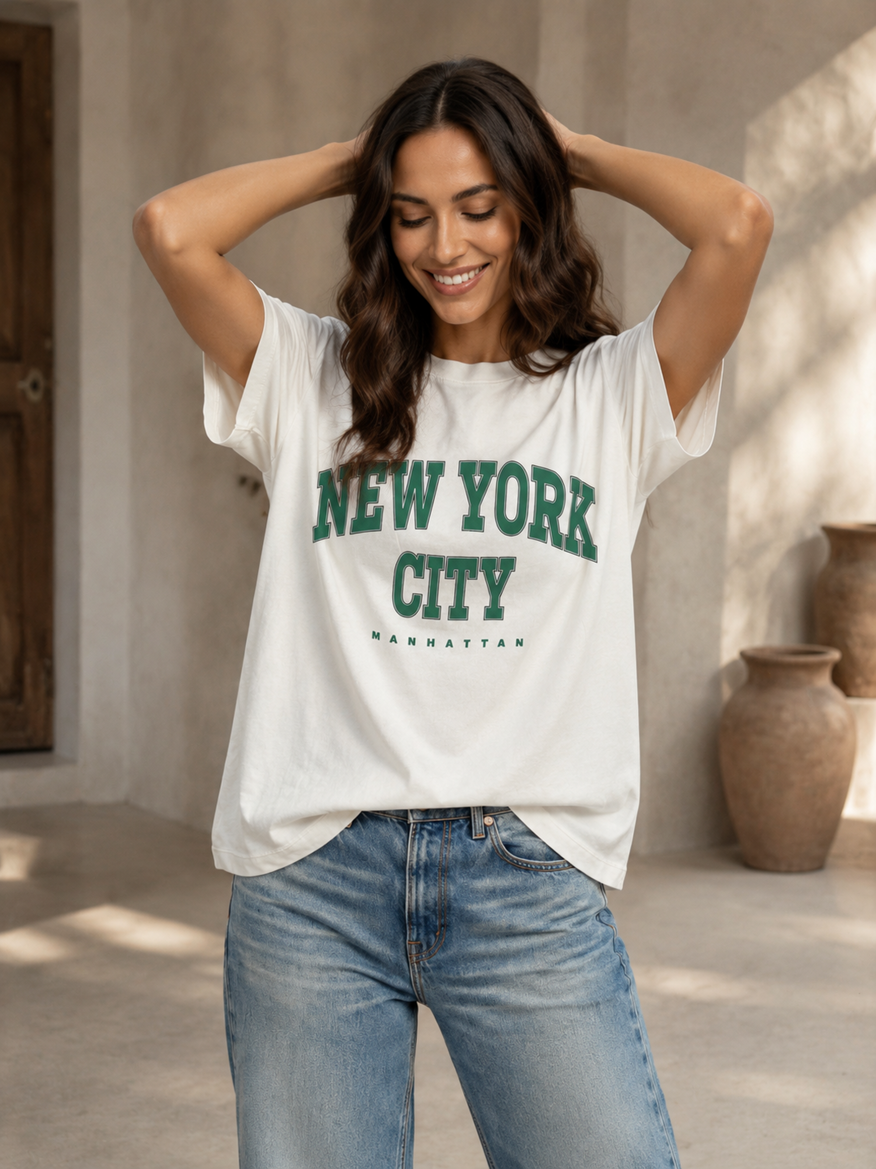 Kadın Ekru New York City Baskılı Oversize T-Shirt - Kolej Tarzı Tişört