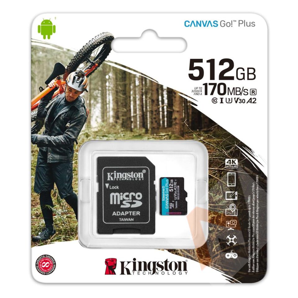 Kingston SDCG3-512GB 512GB microSDXC Canvas Go Plus 170R A2 U3 V30 Card + ADP Hafıza Kartı