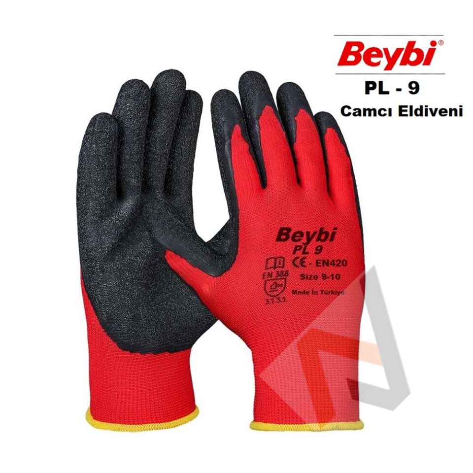 Beybi Nitril Poly PL9 9 Beden Kırmızı Siyah İş Eldiveni 12li Paket Camcı Eldiveni