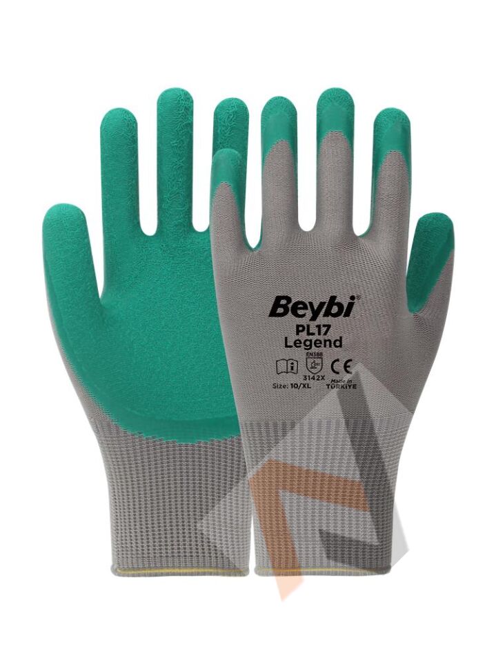 BEYBİ PL17 10 Beden Gri-Yeşil 12li Paket Legend Polyester Örme Lateks Eldiven