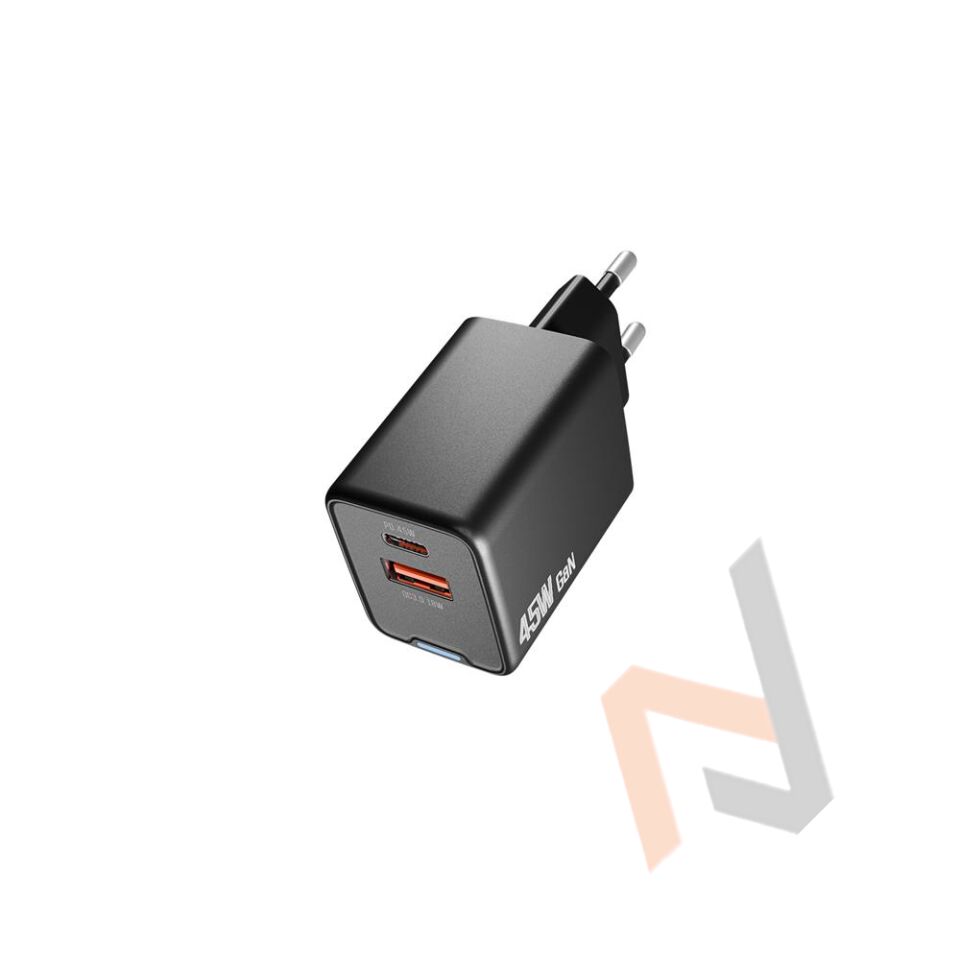 Hytech HY-XEG45 Type USB-C 45W PD + 18W USB QC 3.0 GAN Siyah Hızlı Ev Şarj Adaptörü