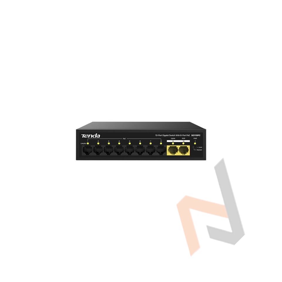 Tenda SG110PC 10 Port 8 Port Poe+ 10-100-1000 Mbps + 2 Port Uplink Switch Çelik Kasa Rack Mount