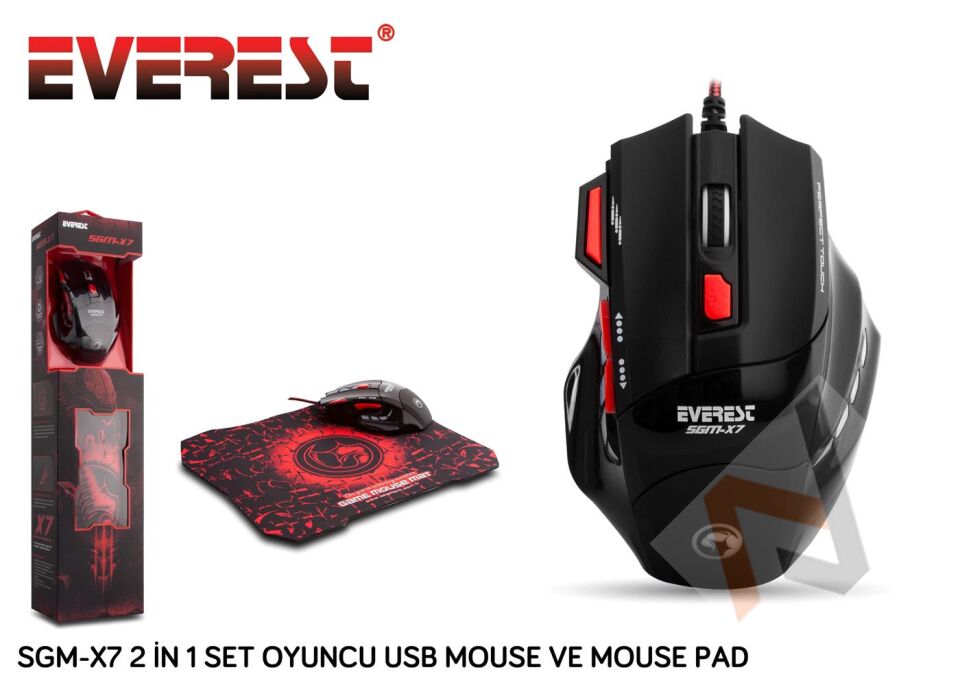 Everest SGM-X7 Usb Siyah Makrolu 7200dpi Oyuncu Mouse +Gaming Mouse Pad