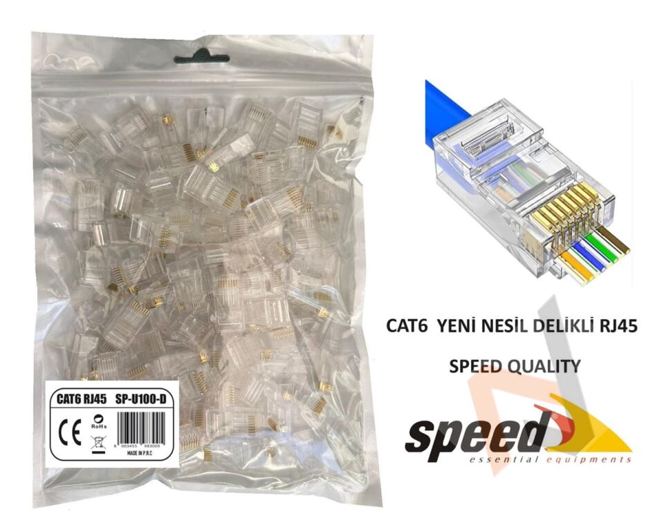 Speed SP-U100 D CAT6 100 Adet Rj45 Konnektör Delikli Yeni Nesil