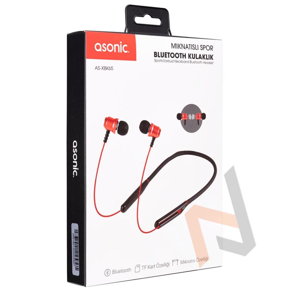 Asonic AS-XBK65 Kırmızı Boyun Askılı Mıknatıslı Bluetooth+TF Kart Spor Kulak içi Kulaklık