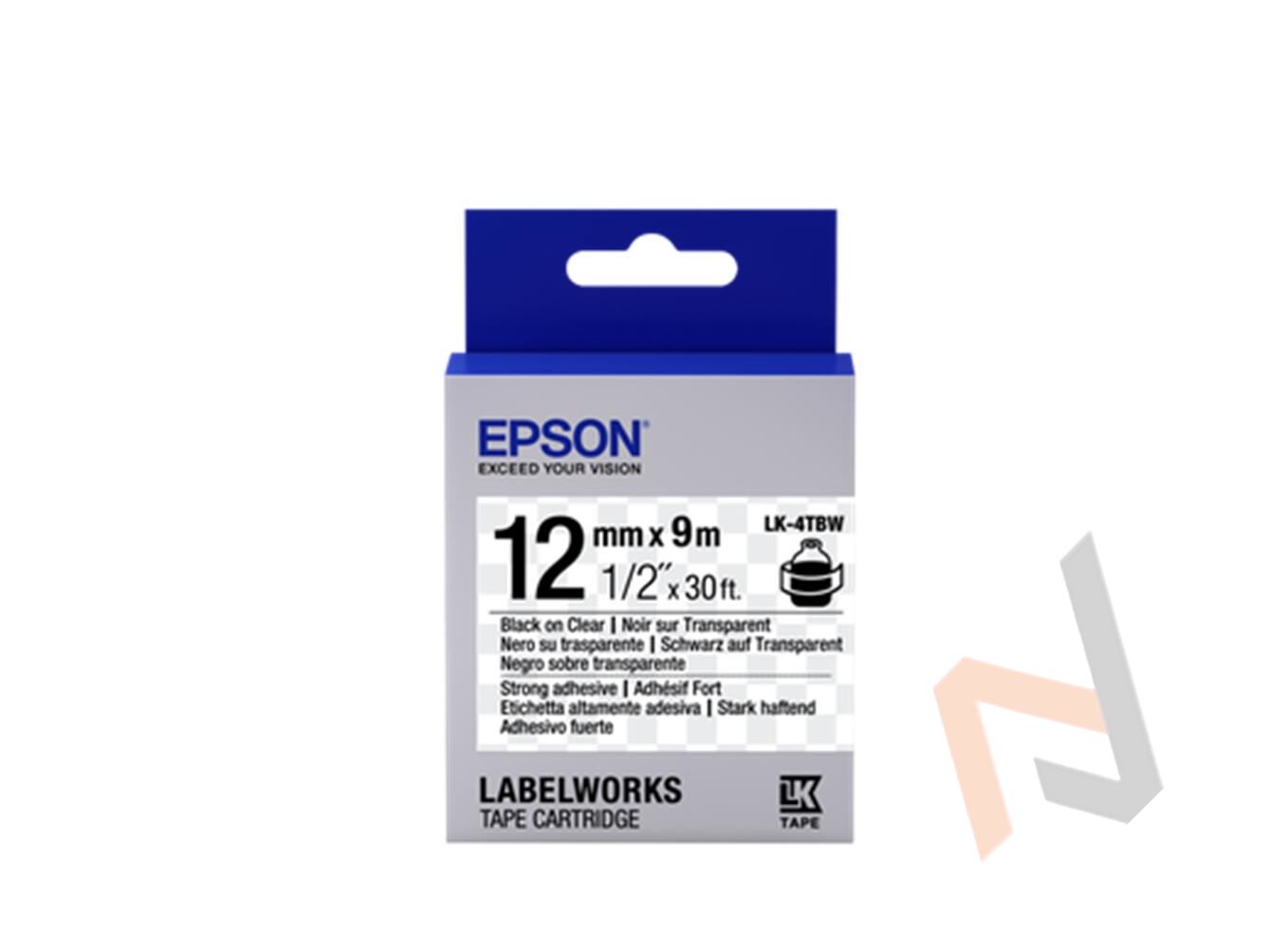 Epson LK-4TBW Güçlü Yapışkanlı Şeffaf Üzeri Siyah 12mm 9Metre Etiket